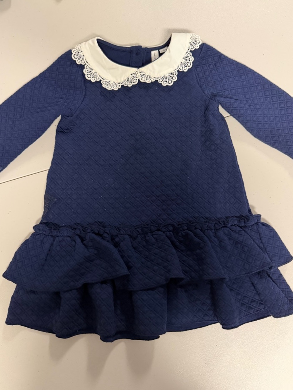 Janie and Jack Navy Quilted Dress with White Lace Collar Trim